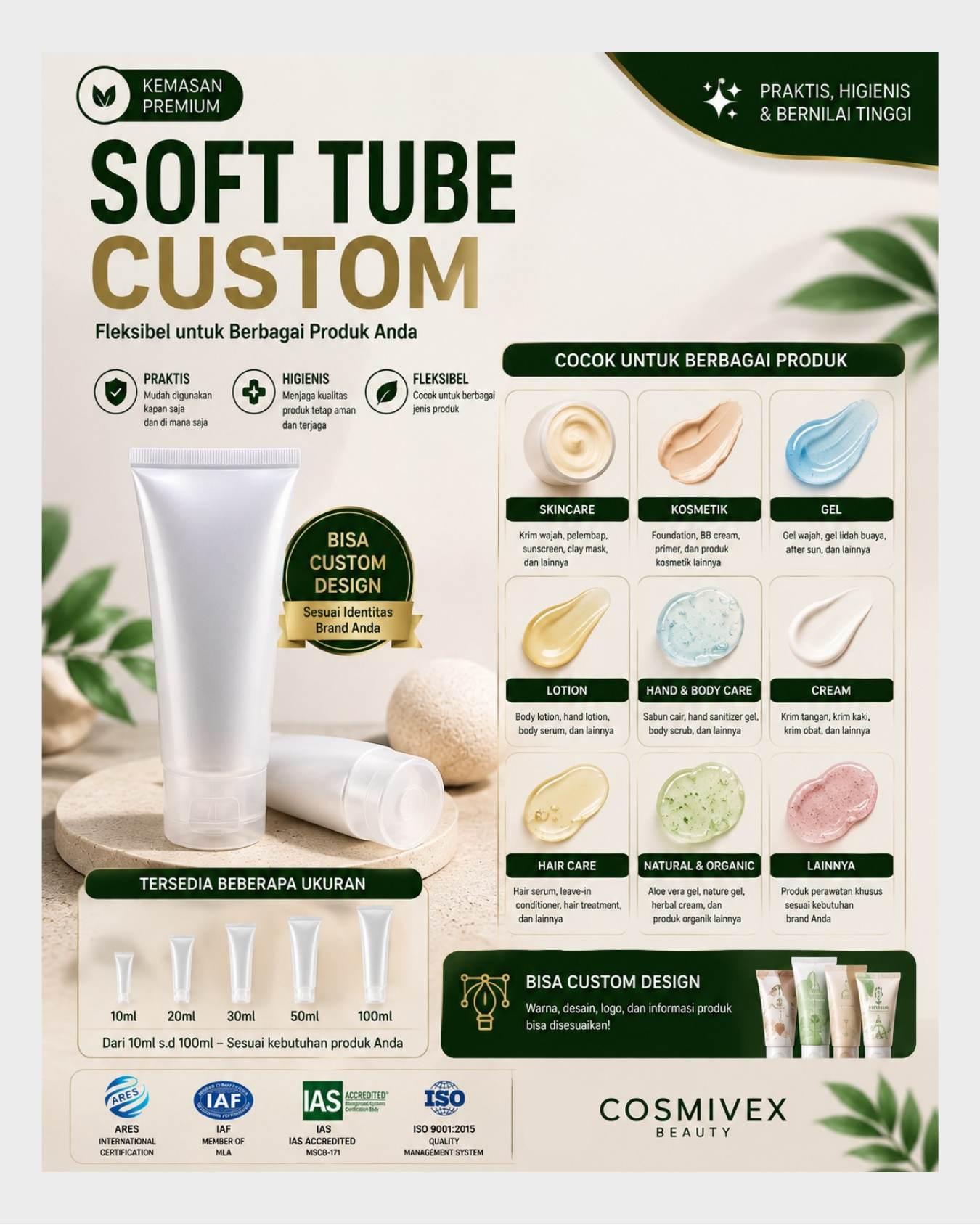 Aplikasi soft tube custom untuk skincare, body care, hair care, dan personal care