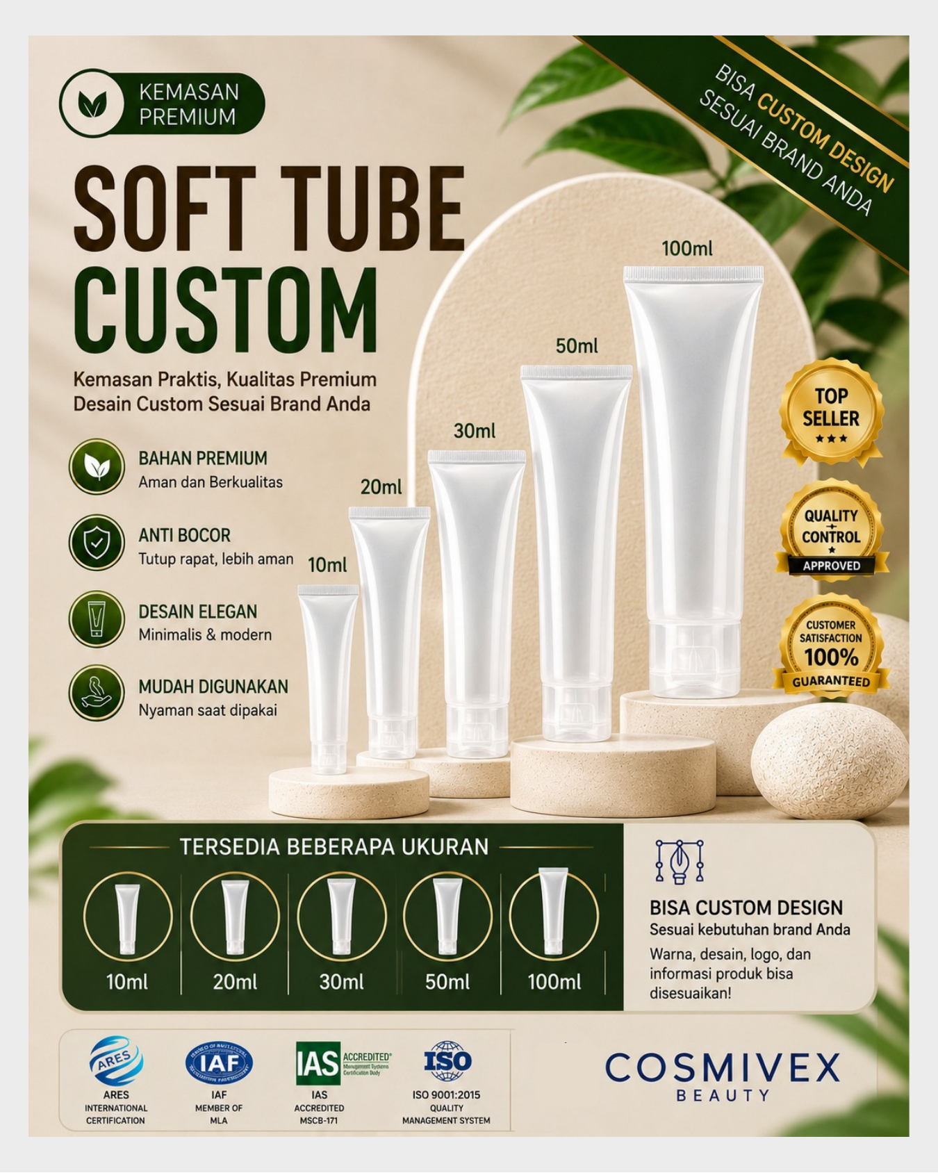 Soft tube custom Cosmivex dalam beberapa pilihan ukuran